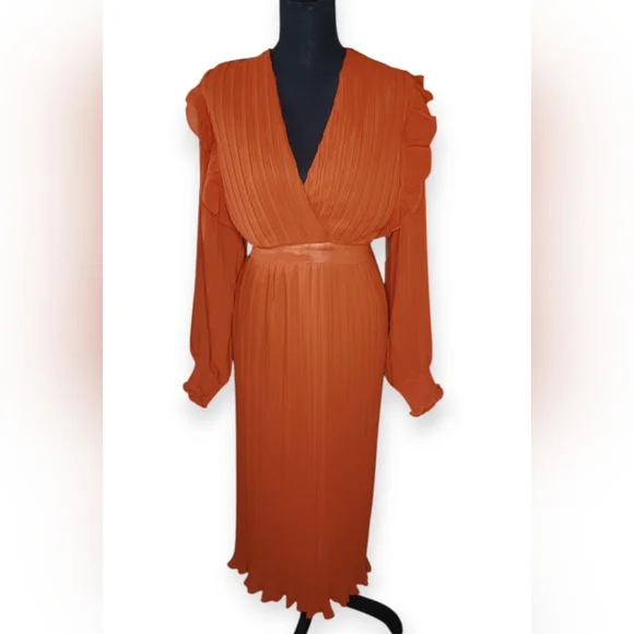 Girl Soul Pleated Midi Long Sleeve Rust Color Dress - Picture 1 of 5